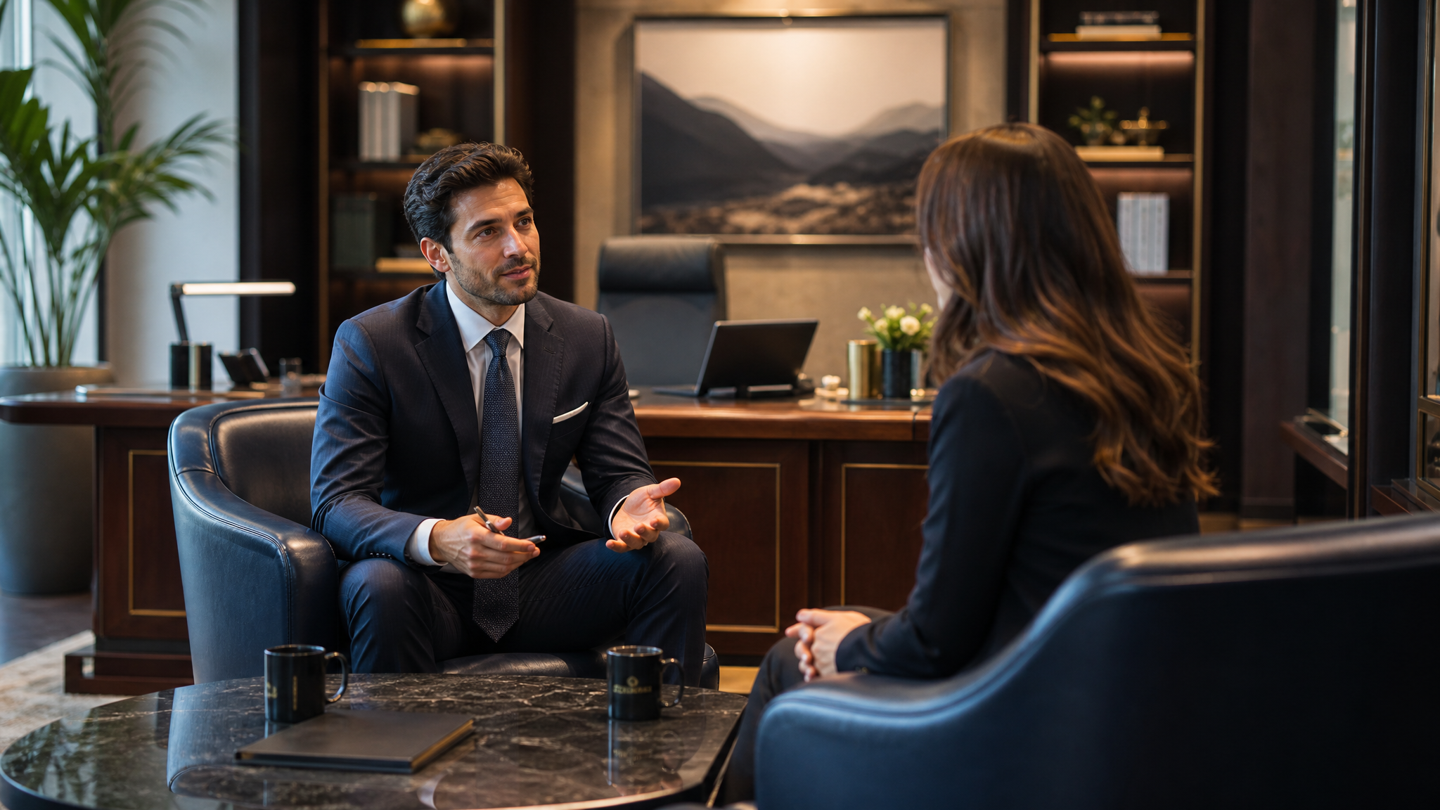 Private executive consultation in luxury office setting