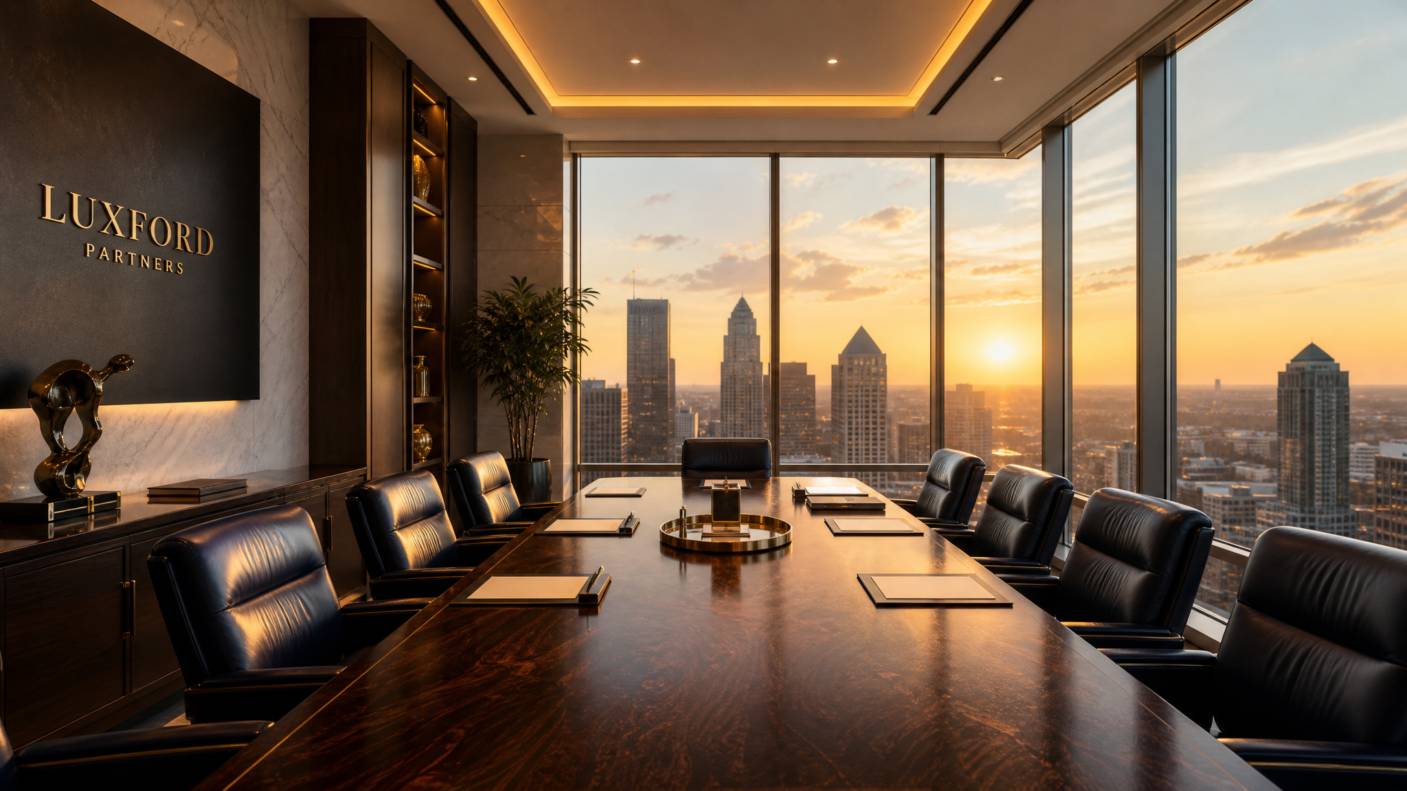 Premium executive boardroom with city skyline at golden hour